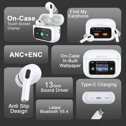 Screen TWS, ANC (~32dB), Smart Touch Display True Wireless Buds, Type-C Fast Charging, Bv5.4 with Gaming Mode, Find My Earbuds, 4 Mics ENC for Clear Calling, Transparency Mode, EQ Mode