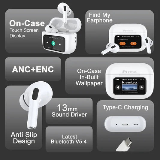 Screen TWS, ANC (~32dB), Smart Touch Display True Wireless Buds, Type-C Fast Charging, Bv5.4 with Gaming Mode, Find My Earbuds, 4 Mics ENC for Clear Calling, Transparency Mode, EQ Mode